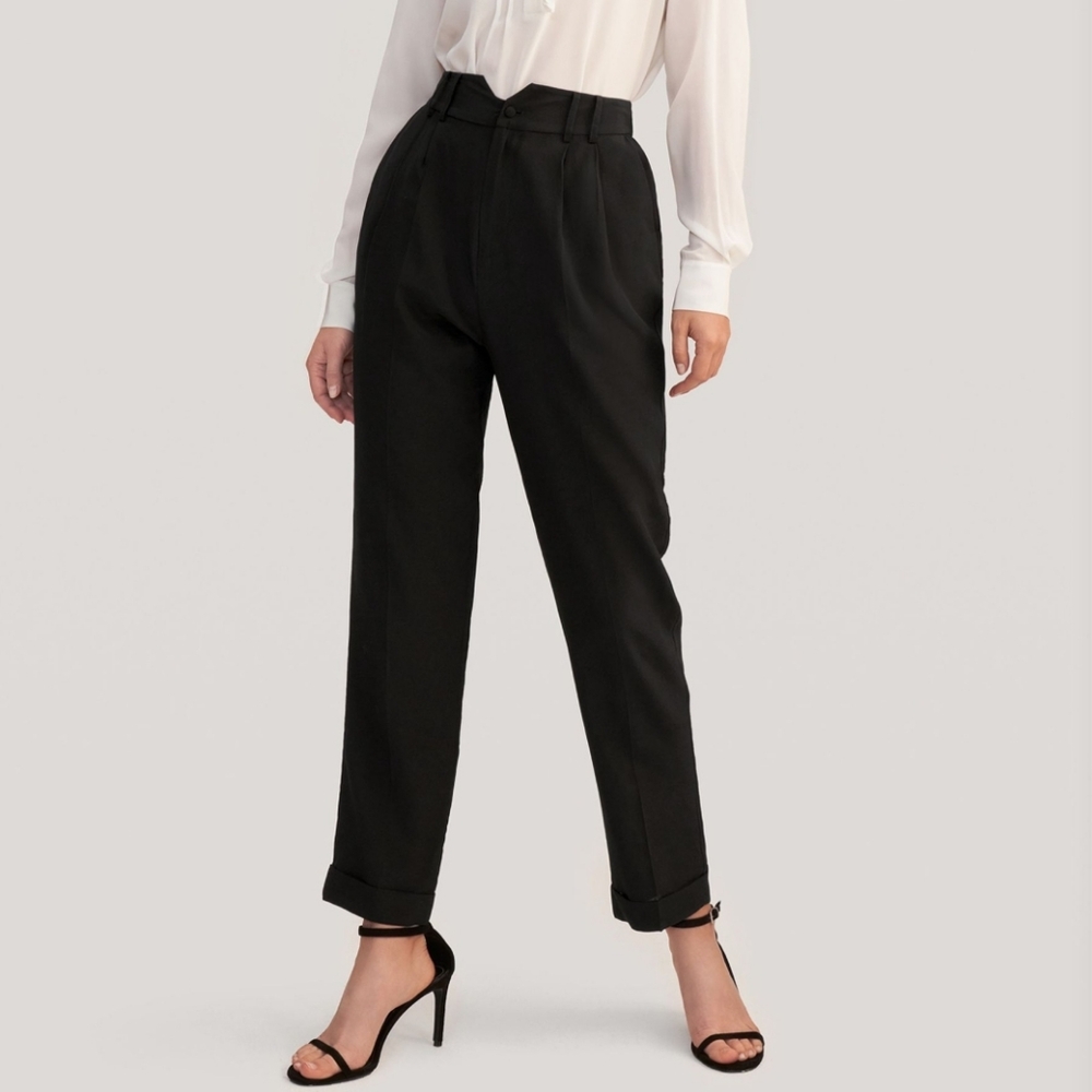 BNWT Lily Silk Women's Tucked Tapered Mulberry Silk Black Trouser Pants Size 12